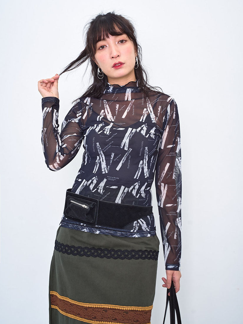 Sheer Printed Lettuce Edge Mesh Top (2 Colours)