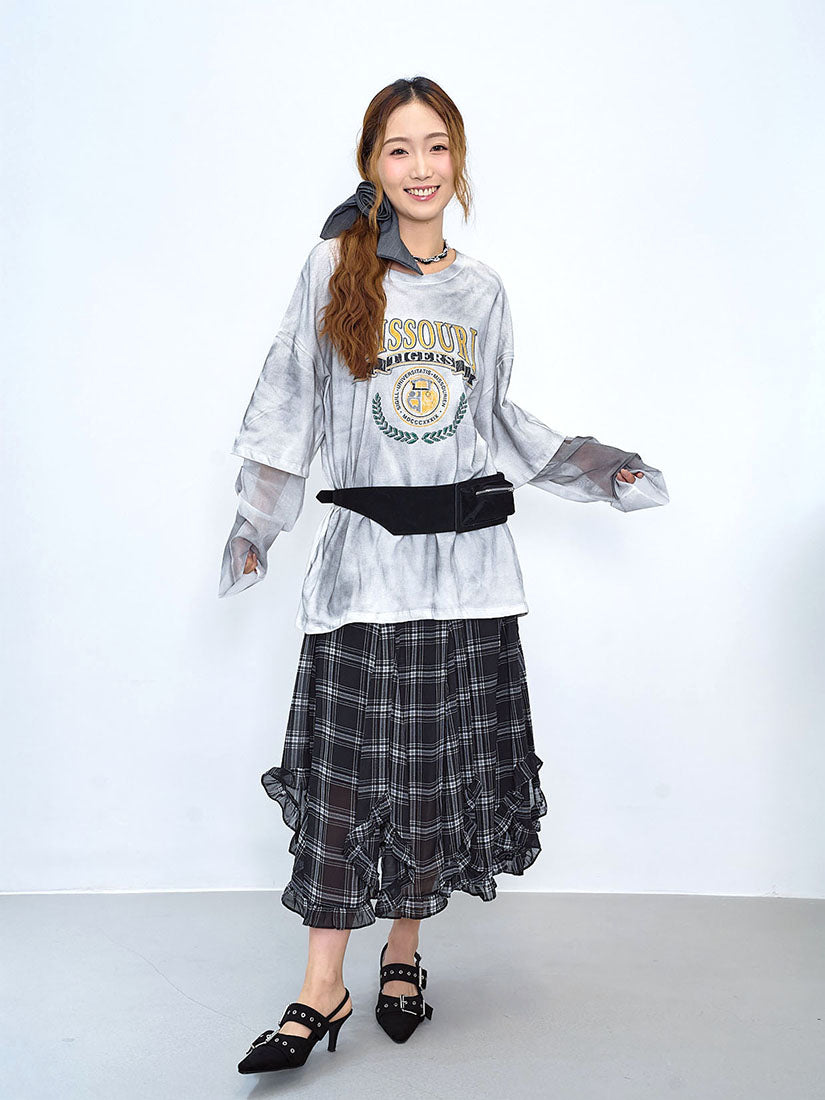 Ruffle Curve Hem Checkered Printed Skirt (2 Colours)