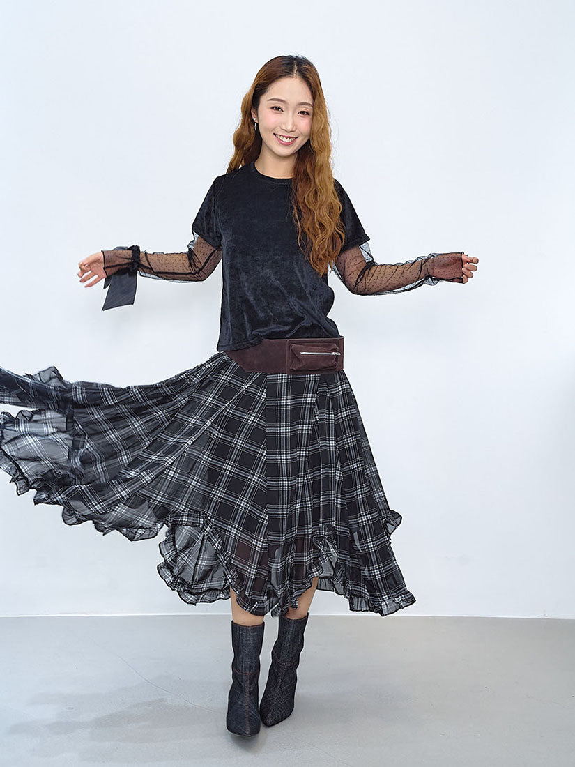 Ruffle Curve Hem Checkered Printed Skirt (2 Colours)