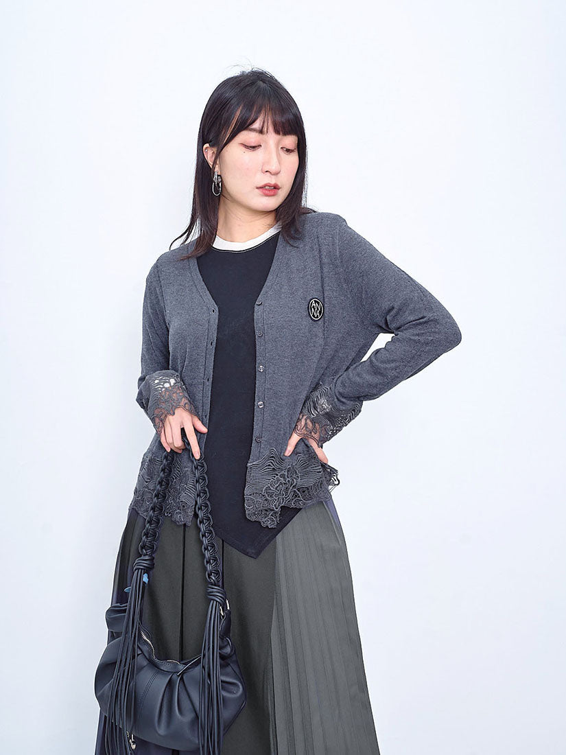 Lace Trim Hem Badge Cardigan (2 Colours)