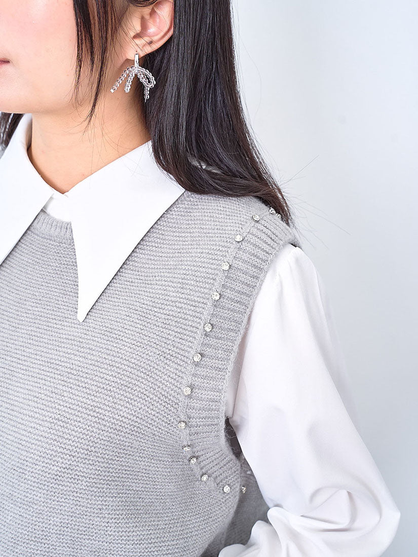 Rhinestone Embellished Knitted Vest with nShirt Set (2 Colours)