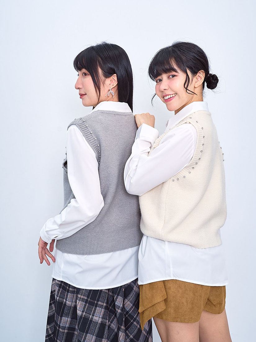 Rhinestone Embellished Knitted Vest with nShirt Set (2 Colours)