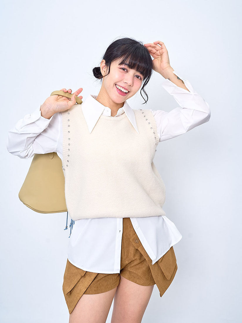 Rhinestone Embellished Knitted Vest with nShirt Set (2 Colours)