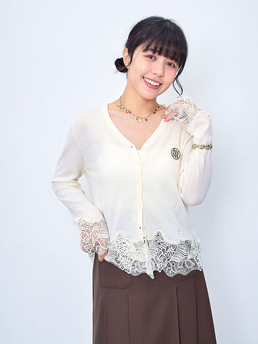 Lace Trim Hem Badge Cardigan (2 Colours)