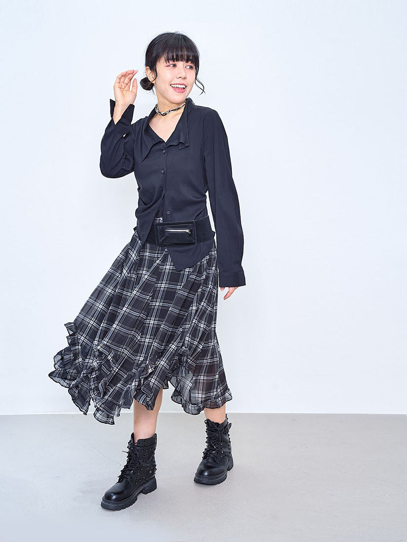 Ruffle Curve Hem Checkered Printed Skirt