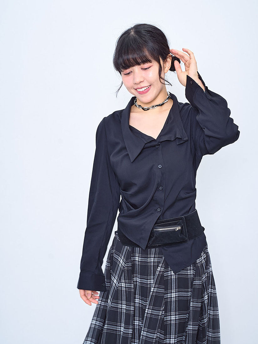 Wrap Collar Drape Waist Shirt