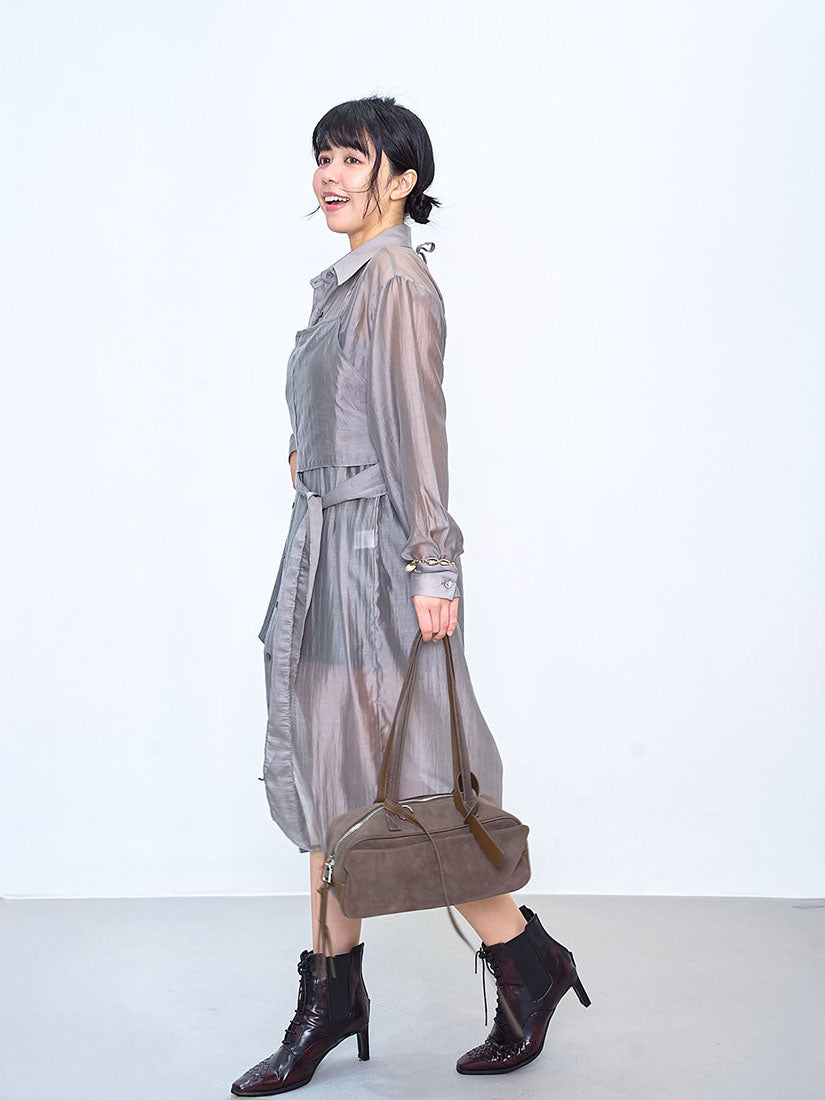 Long Shirt With Tie Waist Cami Crop Top (2 Colours)