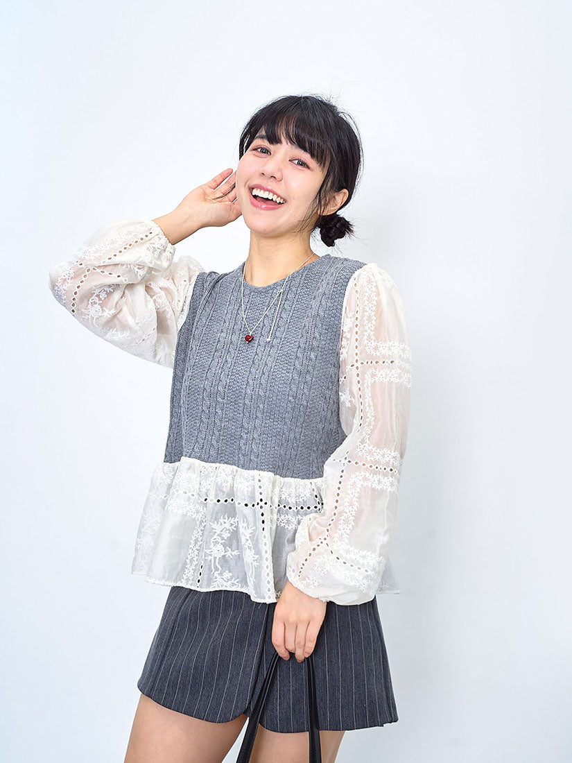 Cabled Knit Panel Embroidered Silky Sleeve Top (2 Colours)