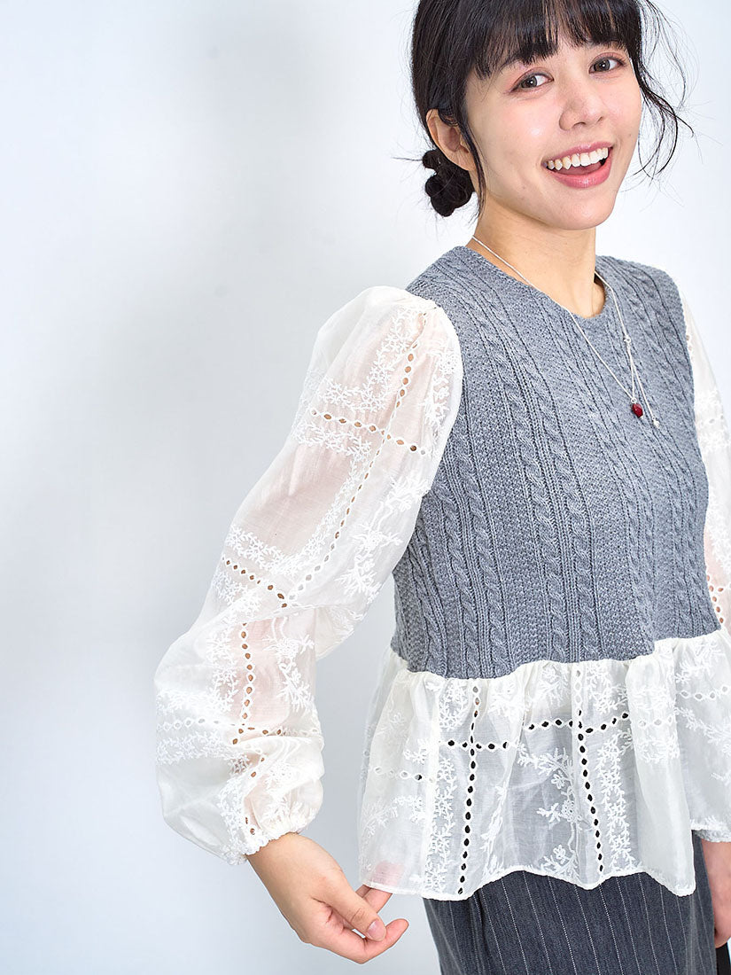 Cabled Knit Panel Embroidered Silky Sleeve Top (2 Colours)