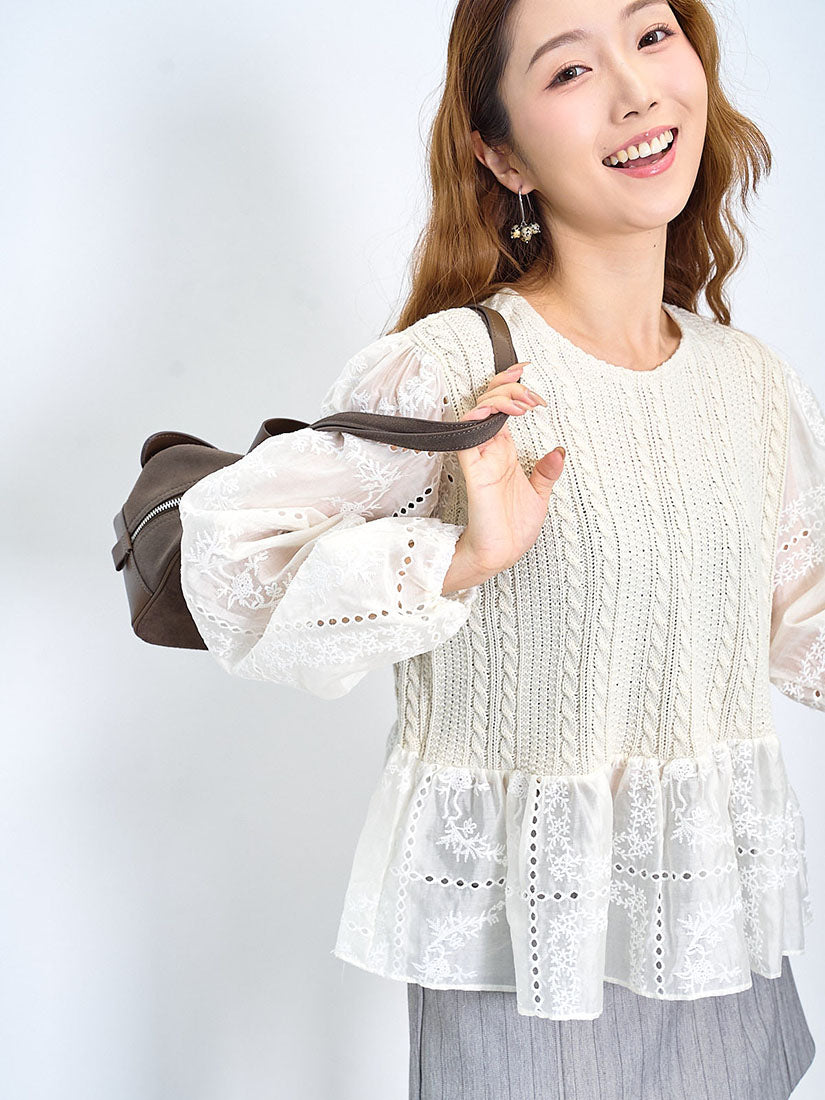 Cabled Knit Panel Embroidered Silky Sleeve Top (2 Colours)