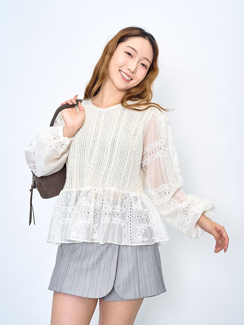 Cabled Knit Panel Embroidered Silky Sleeve Top (2 Colours)