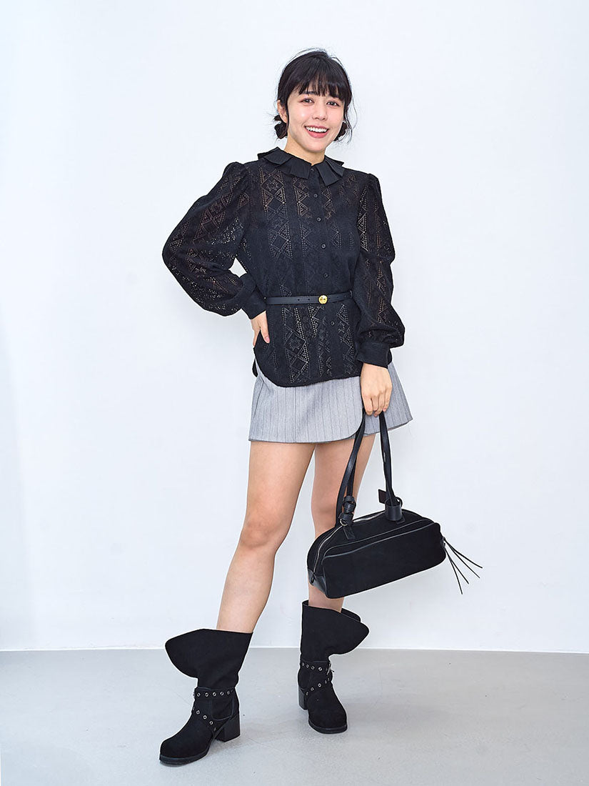 Pleated Collar Brushed Lace Blouse (2 Colours)