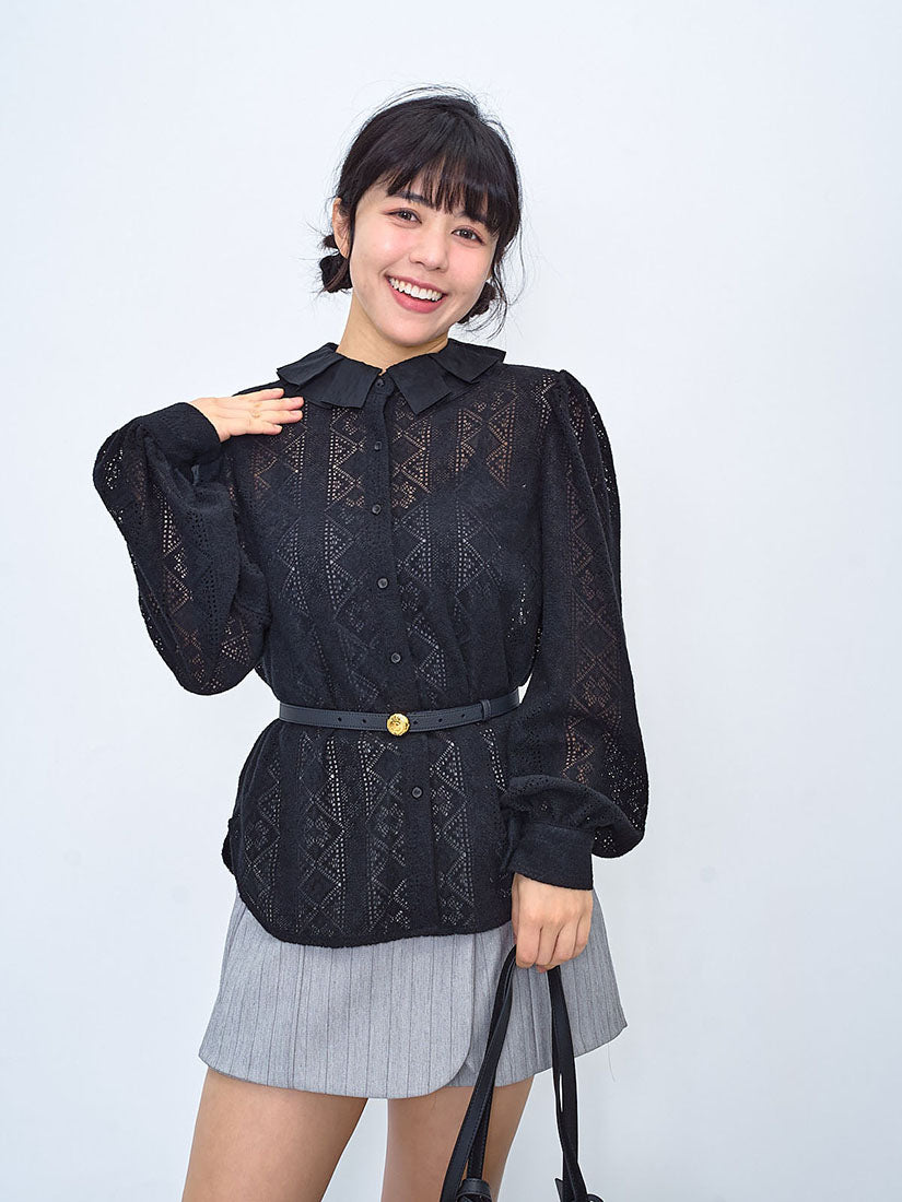 Pleated Collar Brushed Lace Blouse (2 Colours)