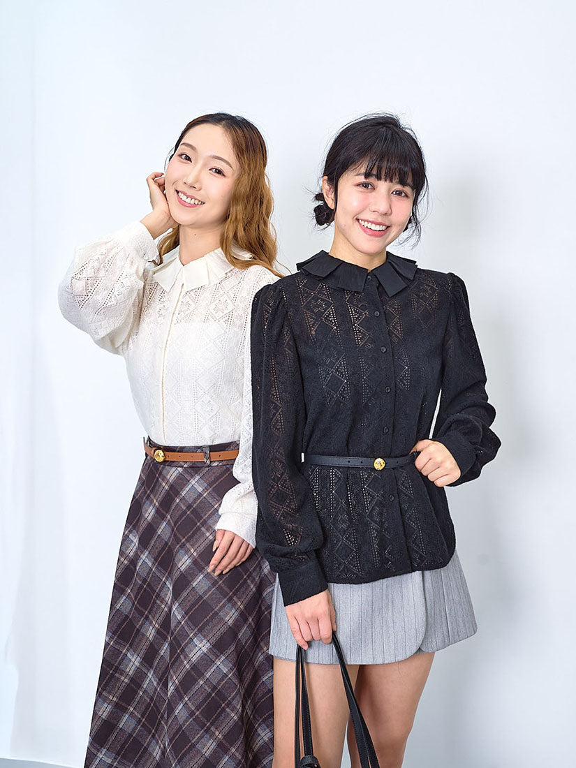 Pleated Collar Brushed Lace Blouse (2 Colours)