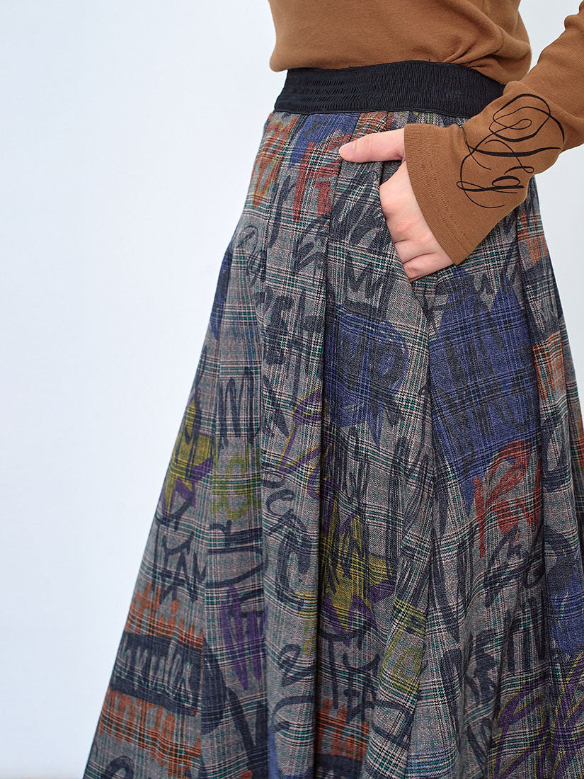 Graffiti Plaid Pleated Skirt