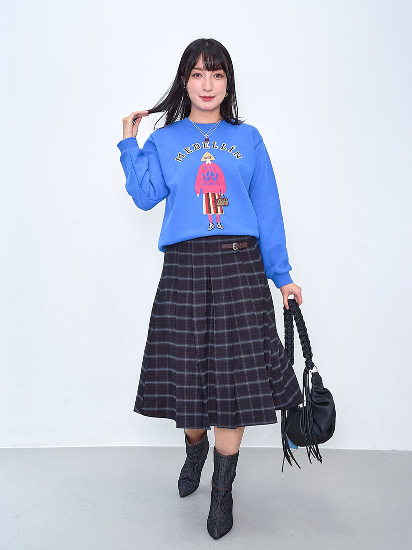 Buckle Front Pleated Brushed Plaid Skirt (2 Colours)