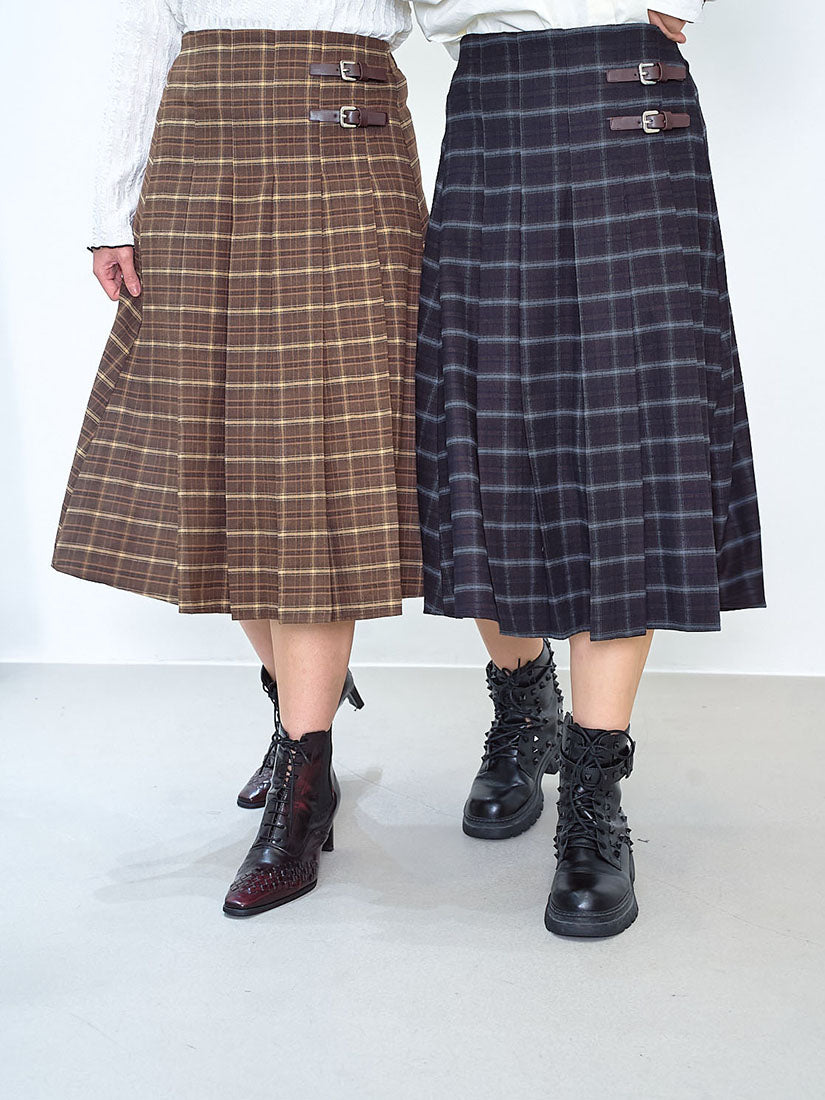 Buckle Front Pleated Brushed Plaid Skirt (2 Colours)