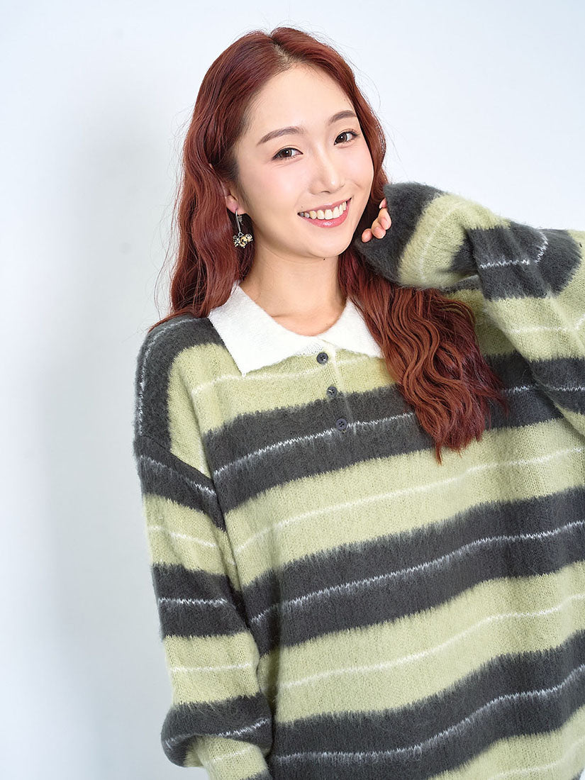 Polo Neck Striped Brush Sweater (2 Colours)