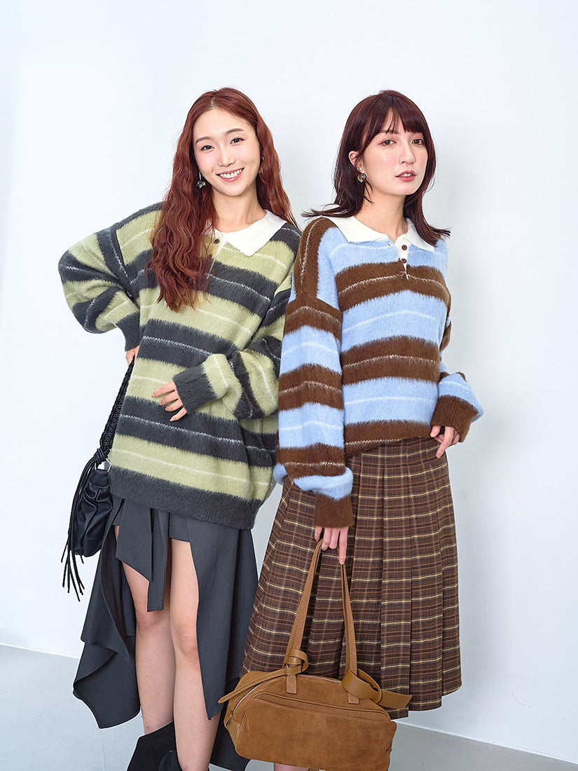 Polo Neck Striped Brush Sweater (2 Colours)