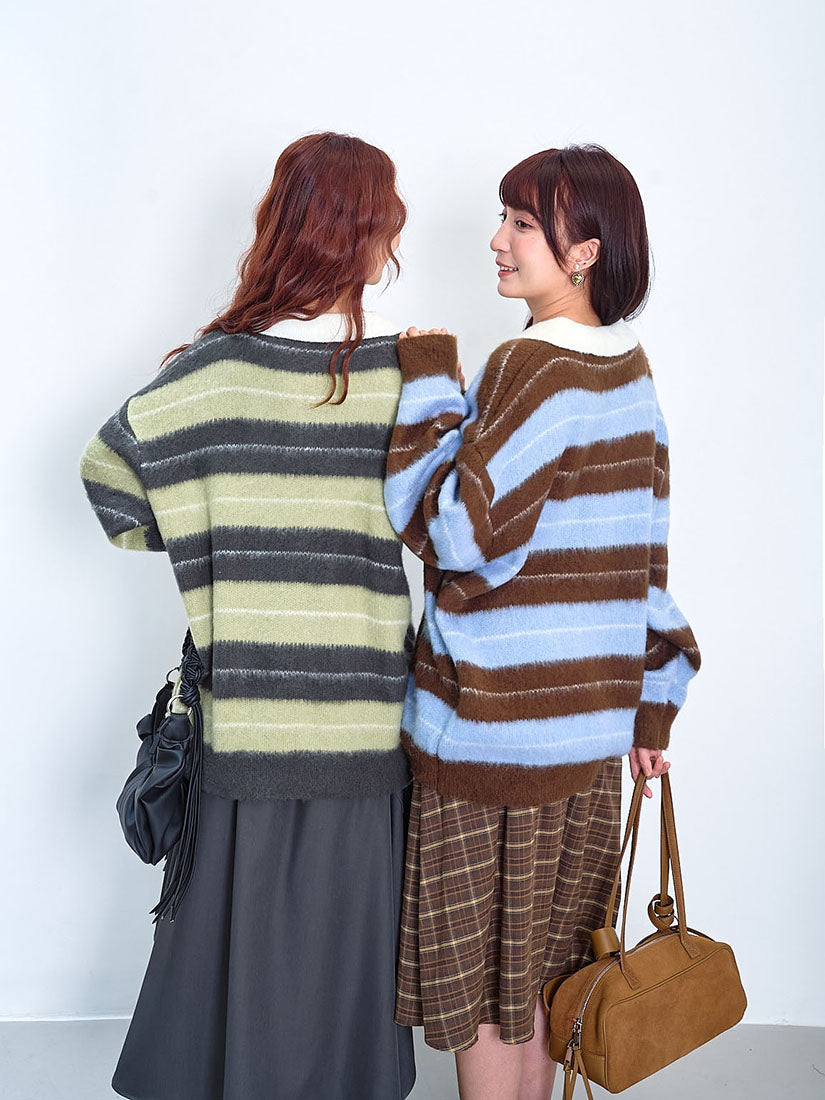 Polo Neck Striped Brush Sweater (2 Colours)