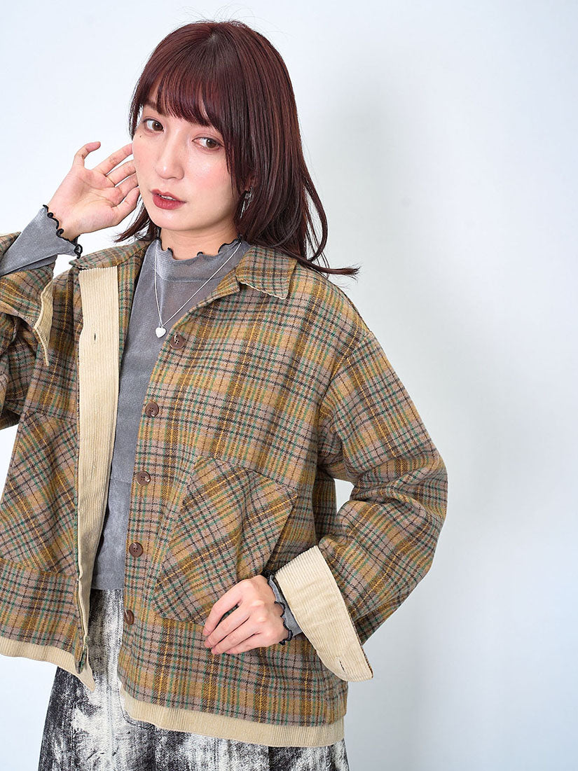 Corduroy Trim Tartan Shirt Jacket