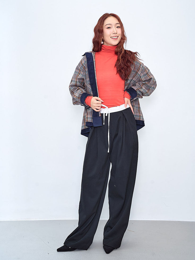 Contrast Drawstring Waistband Pleated Front Pants (2 Colours)