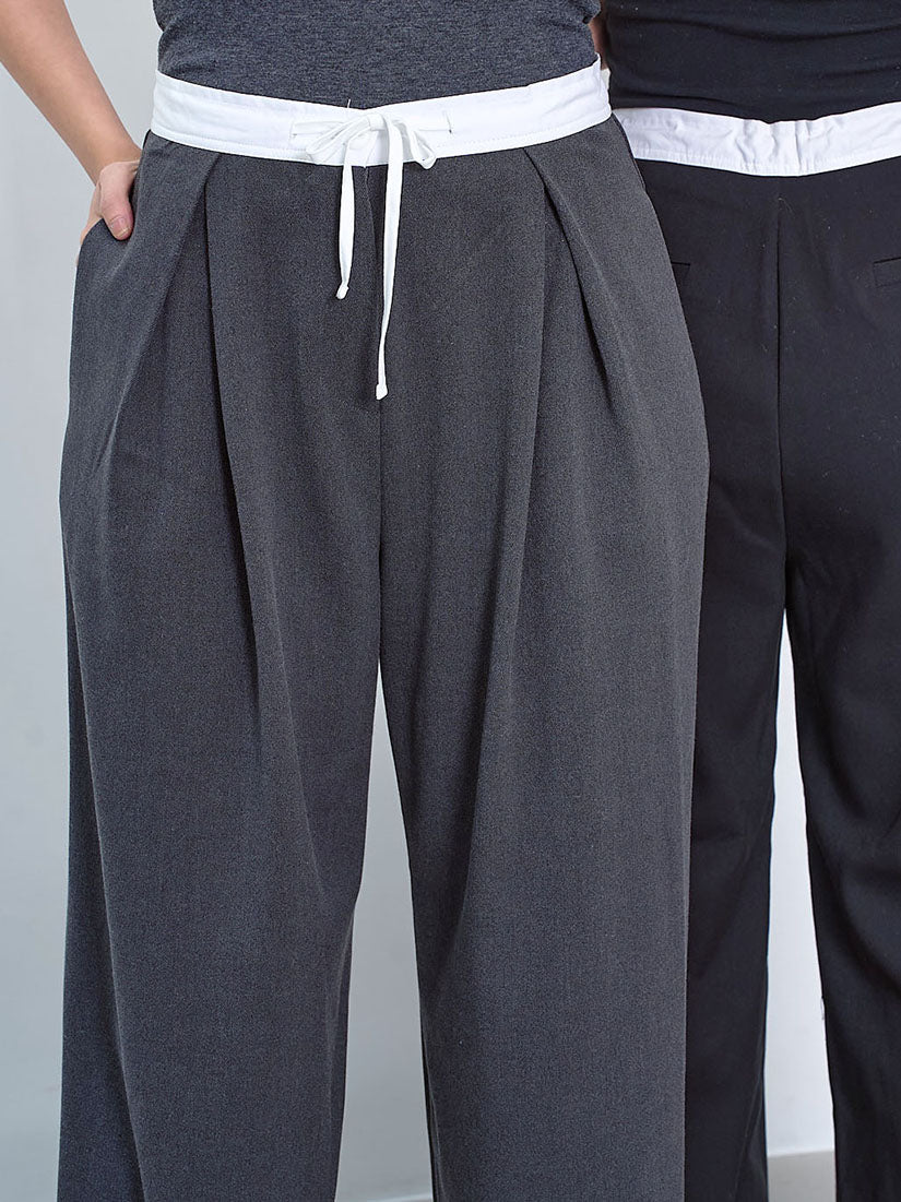 Contrast Drawstring Waistband Pleated Front Pants (2 Colours)
