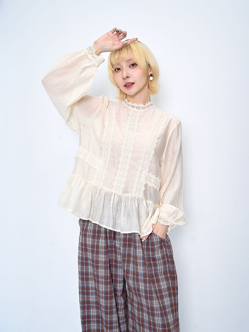 Lace Trim Ruffle Hem Blouse (2 Colours)