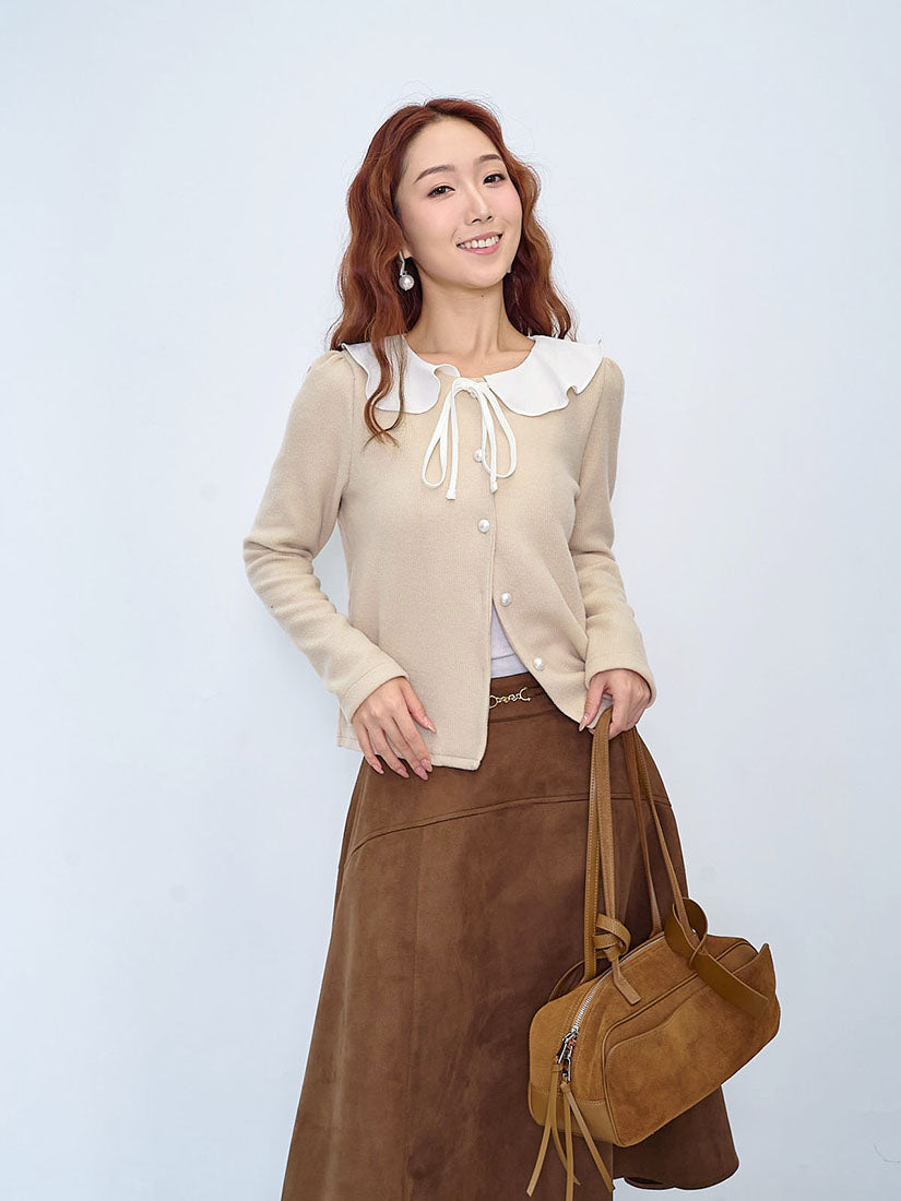 Contrast Peter Pan Collar Brushed Cardigan(2 Colours)