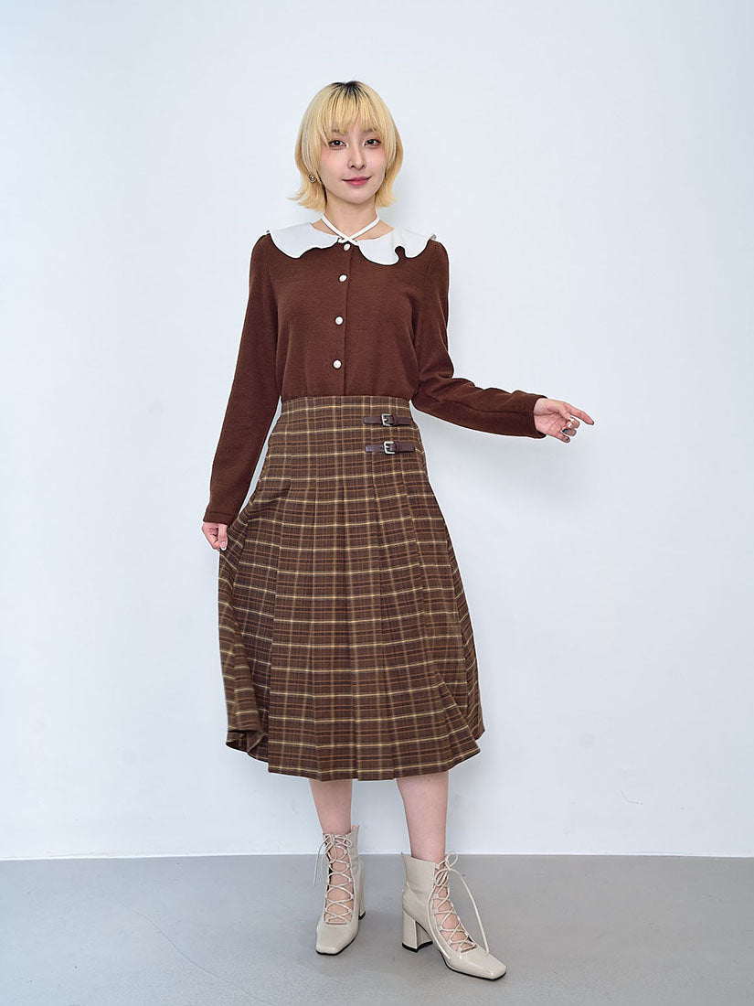 Buckle Front Pleated Brushed Plaid Skirt (2 Colours)