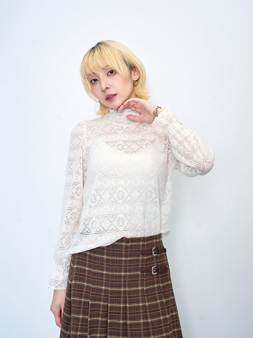 Smocking Mock Neck Brushed Lace Top (2 Colours)