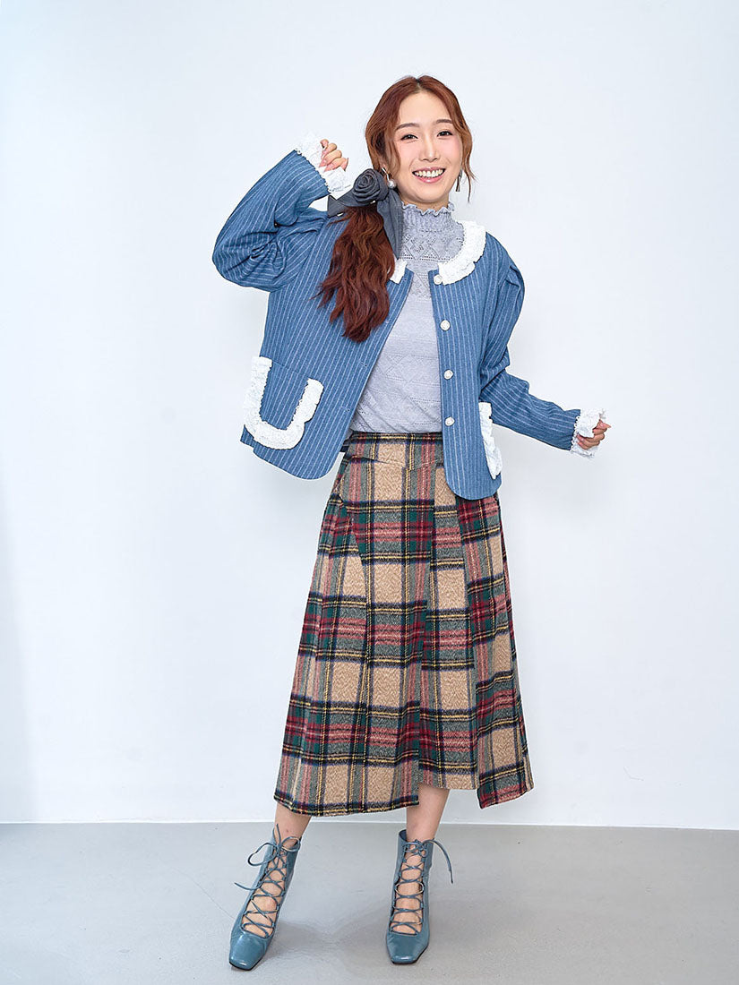 Lace Trim Striped Denim Jacket