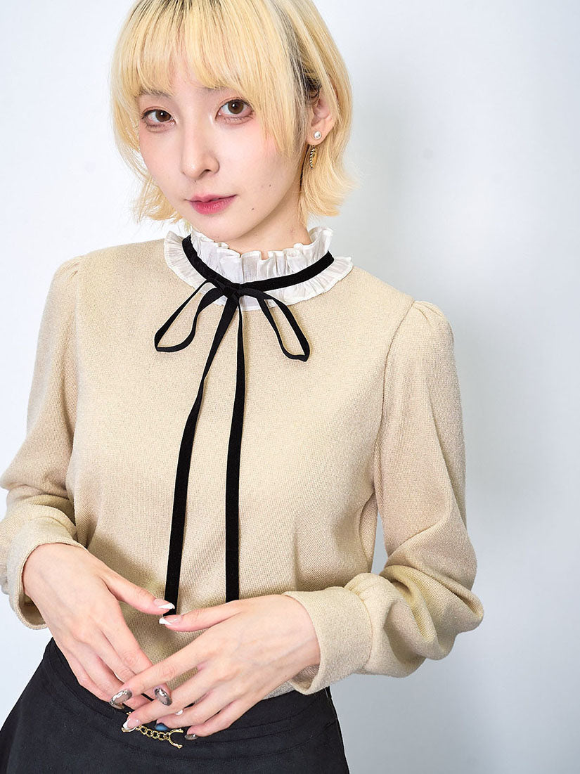 Velvet Ribbon Bow Neck Top (2 Colours)