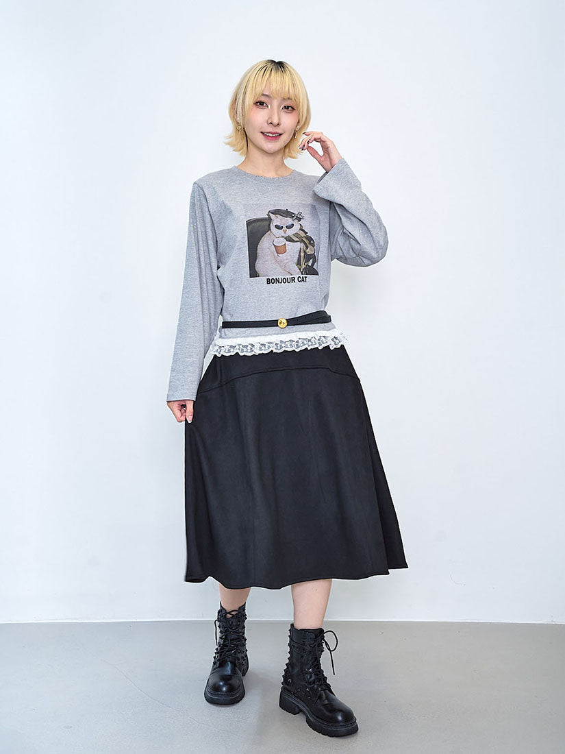 Ruffle Lace Hem 'Bonjour Cat' Tee (2 Colours)