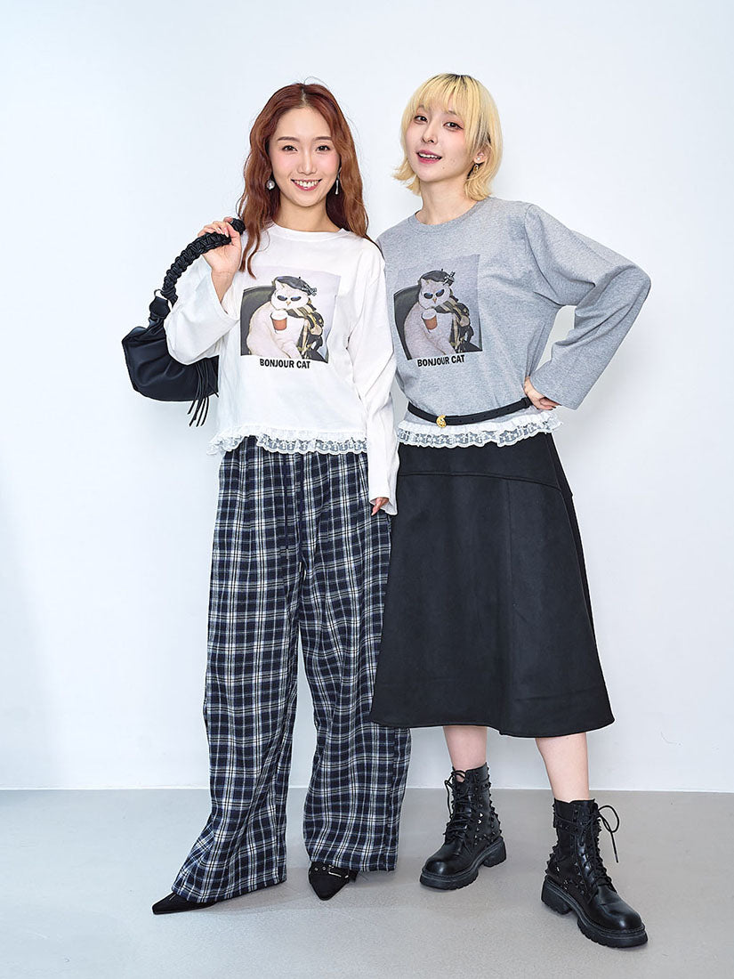 Ruffle Lace Hem 'Bonjour Cat' Tee (2 Colours)