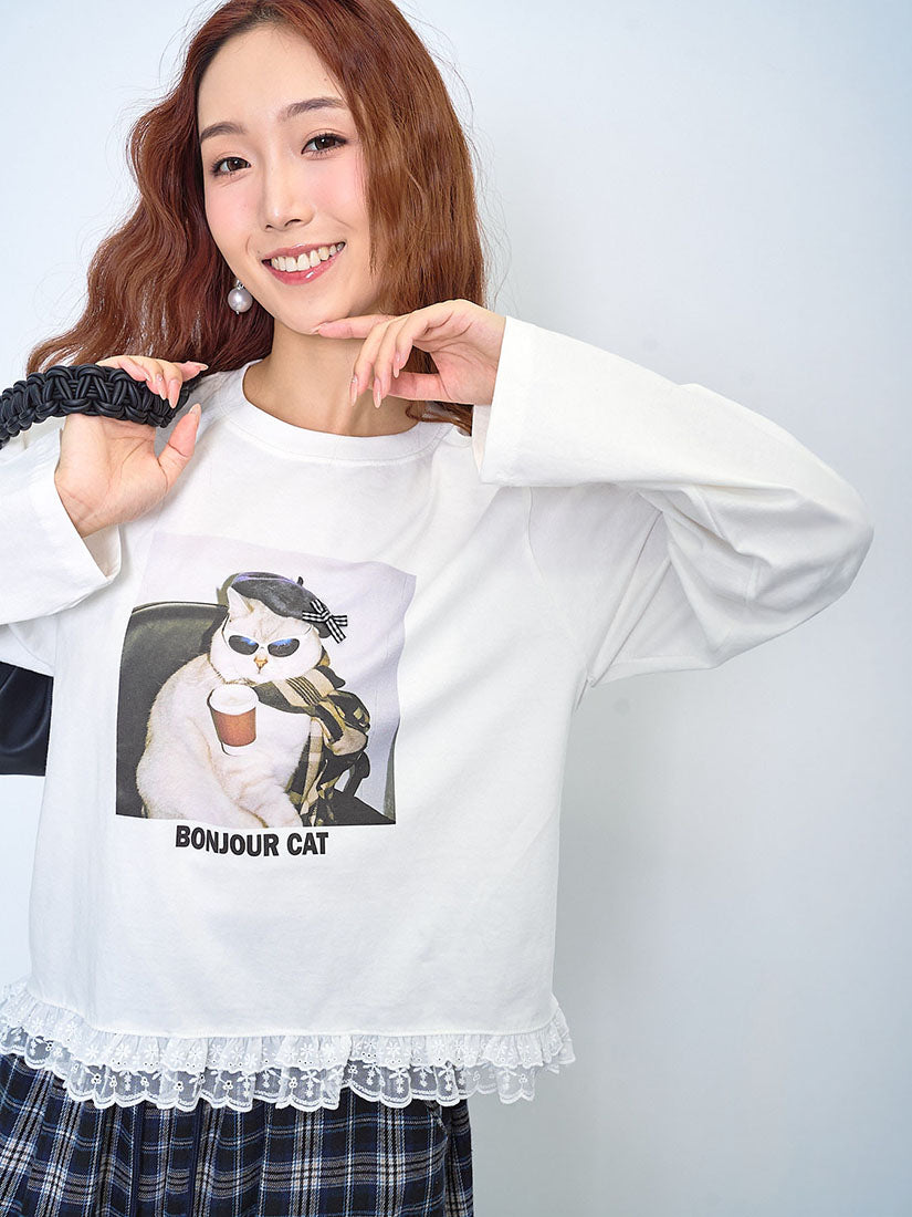 Ruffle Lace Hem 'Bonjour Cat' Tee (2 Colours)