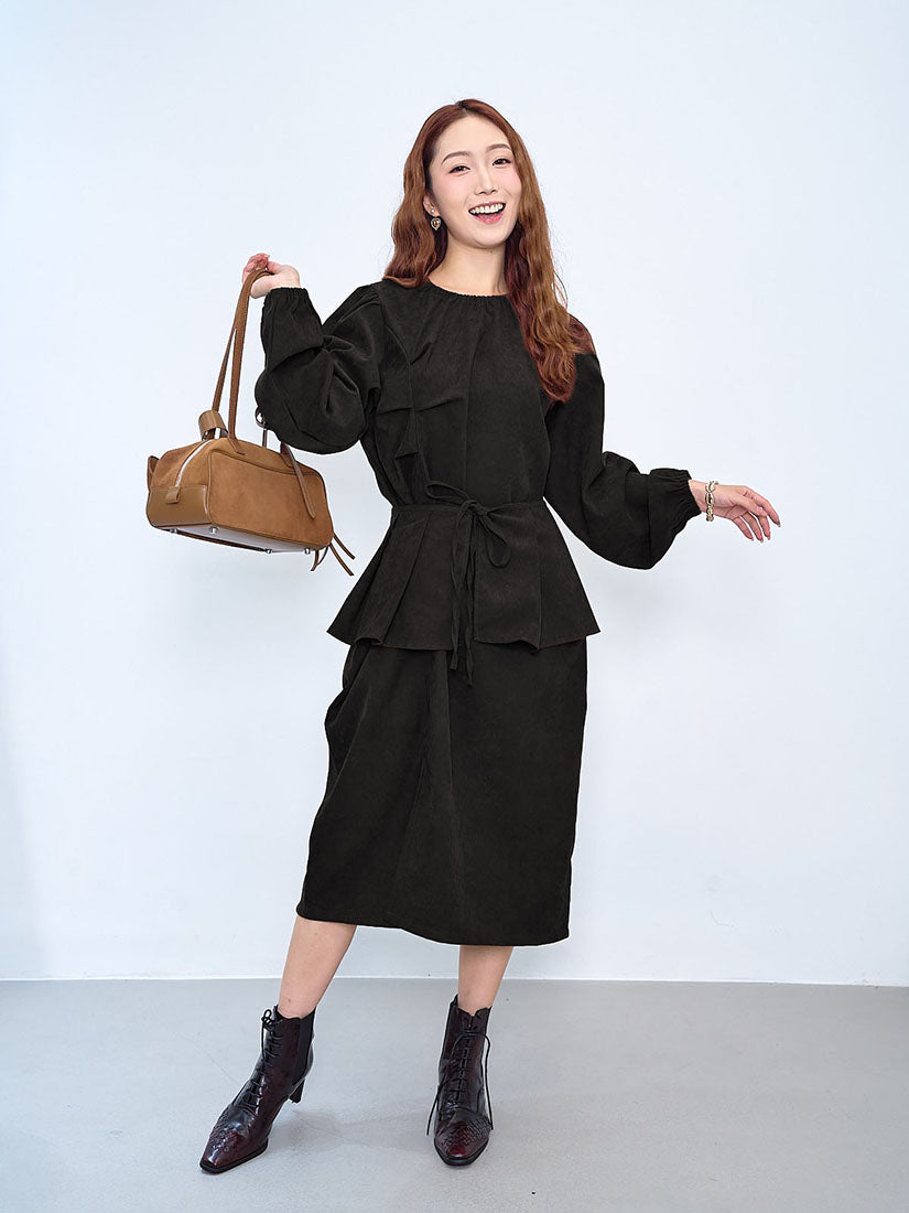 Pleated Drape Corduroy Dress With Pleated Belt (2 Colours)