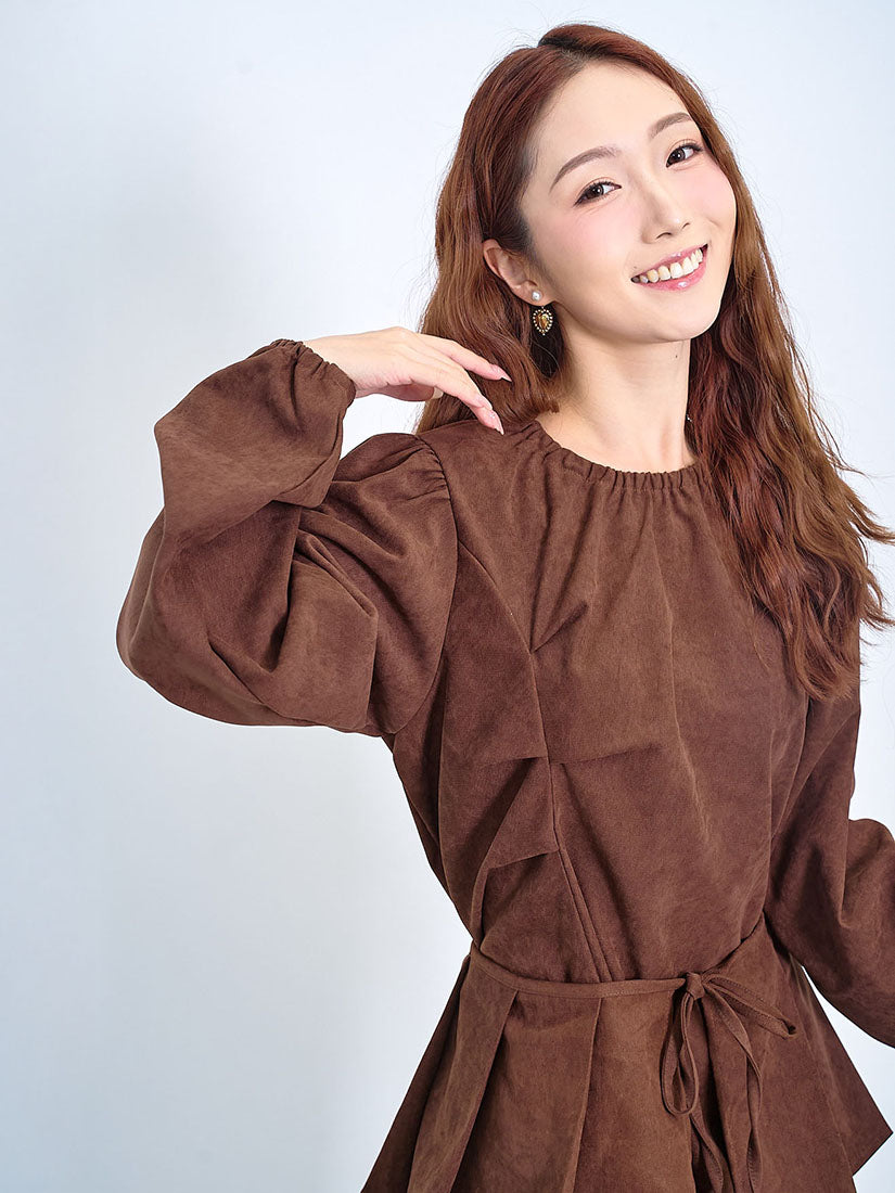 Pleated Drape Corduroy Dress With Pleated Belt (2 Colours)