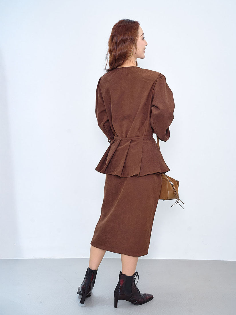 Pleated Drape Corduroy Dress With Pleated Belt (2 Colours)
