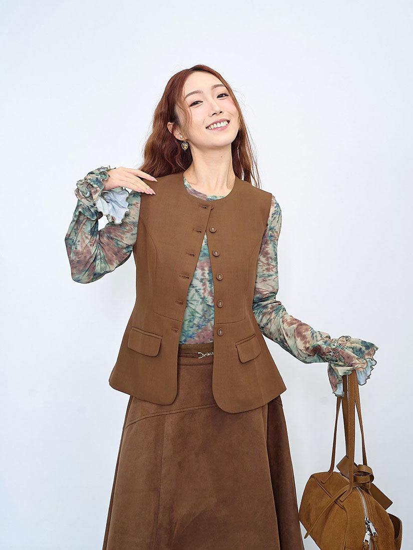 Ruffled Cuff Blur Floral Printed Mesh Top (2 Colours)