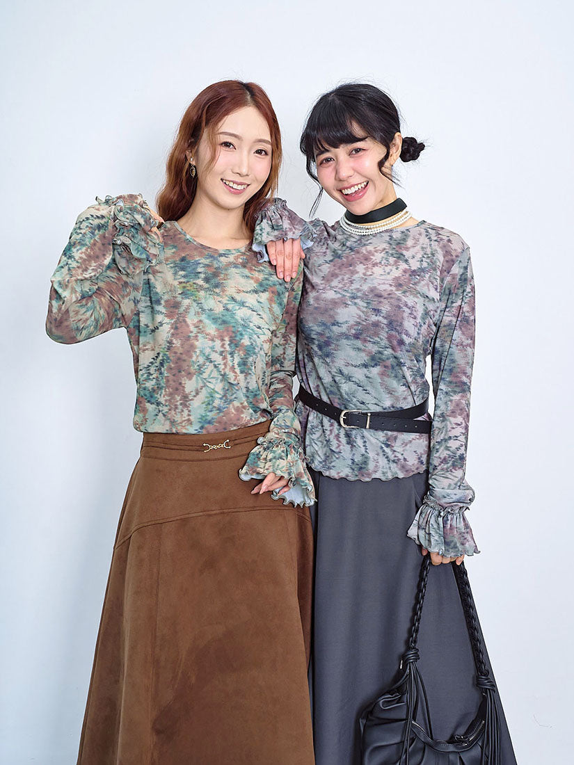 Ruffled Cuff Blur Floral Printed Mesh Top (2 Colours)