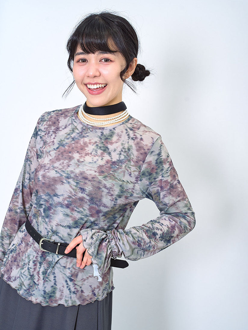 Ruffled Cuff Blur Floral Printed Mesh Top (2 Colours)