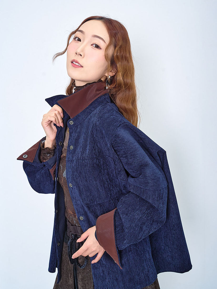 Faux Leather Trim Velvet Twill Shirt (2 Colours)