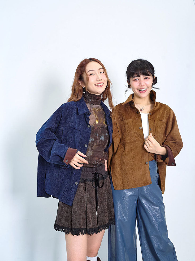 Faux Leather Trim Velvet Twill Shirt (2 Colours)