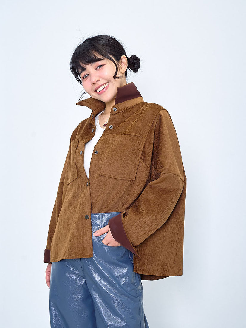 Faux Leather Trim Velvet Twill Shirt (2 Colours)