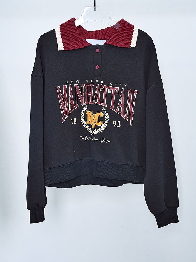 Knitted Collar Printed Sweatshirt (2 Colours)