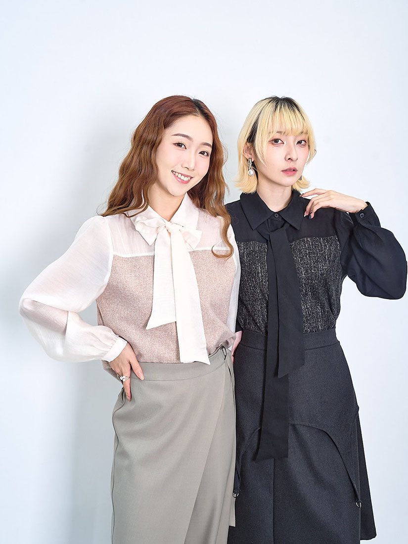 Tweed Panel Tie Neck Shirt (2 Colours)