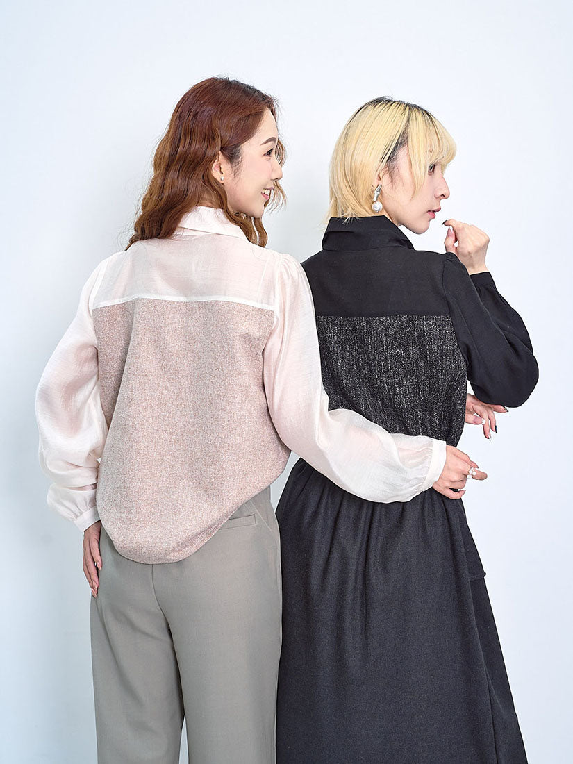 Tweed Panel Tie Neck Shirt (2 Colours)