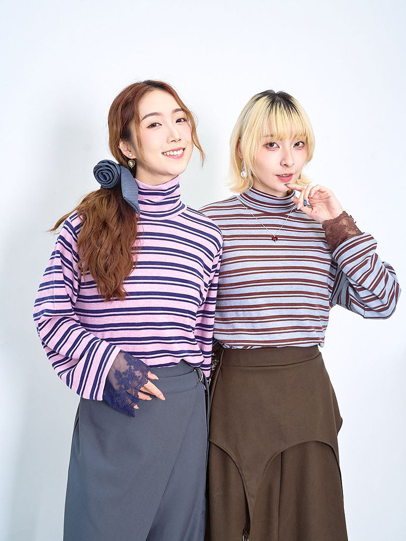 Lace Cuff Striped Turtle Neck Top (2 Colours)