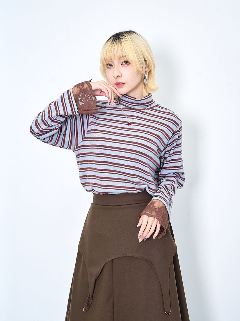 Lace Cuff Striped Turtle Neck Top (2 Colours)